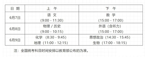 2021湖南高考時間表