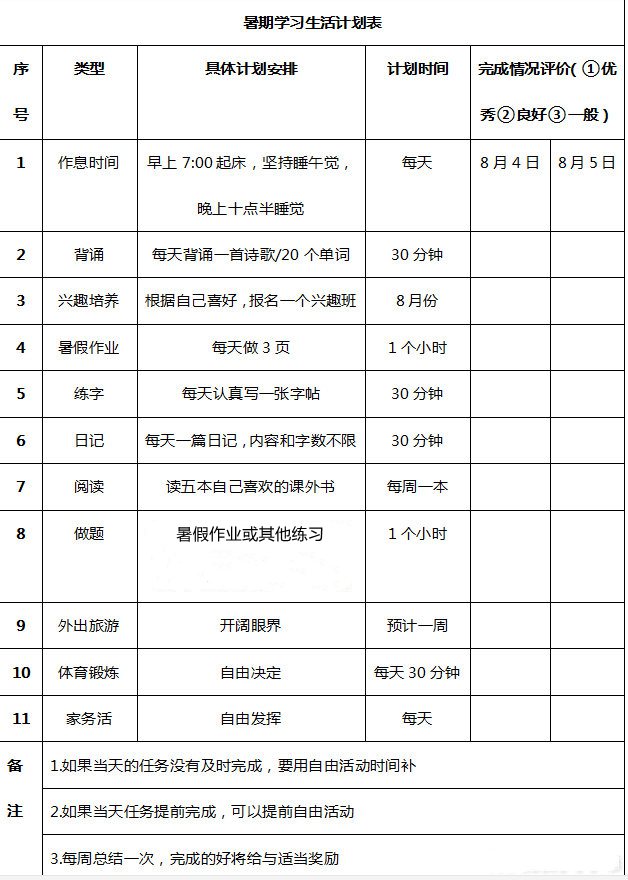 小學五年級暑假計劃表模板,小學五年級暑假作息時間表