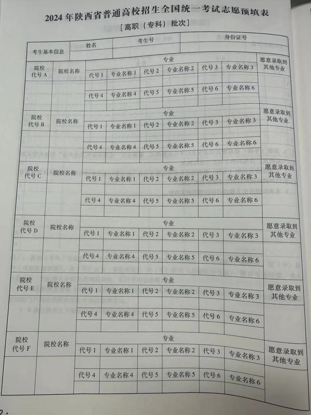 2024年陜西高考志愿表填寫樣本（附填報時間和入口）