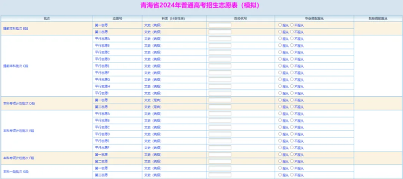2024年青海高考志愿表填寫樣本（附填報時間和入口）