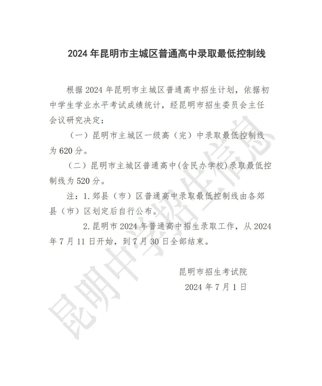 2025年昆明中考各高中錄取分數線一覽表